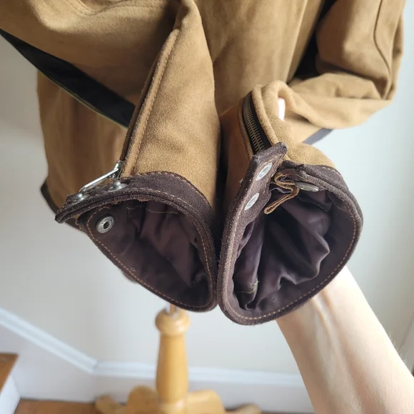 Vintage 90s MISS SIXTY Racer Moto Aviatior Suede Tan Jacket Brown Stripes M/L - Picture 10 of 15